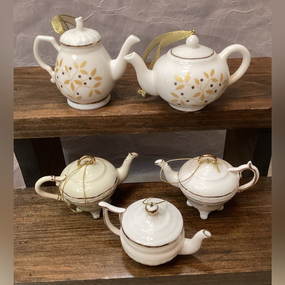 Mini Teapot Ornament Set 5 Porcelain Hanging Teapots Cream with Gold Trim